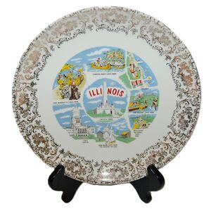 VINTAGE ILLINOIS SOUVENIR PLATE TOMB OF ABRAHAM LINCOLN CHICAGO STARVED ROCK 9"